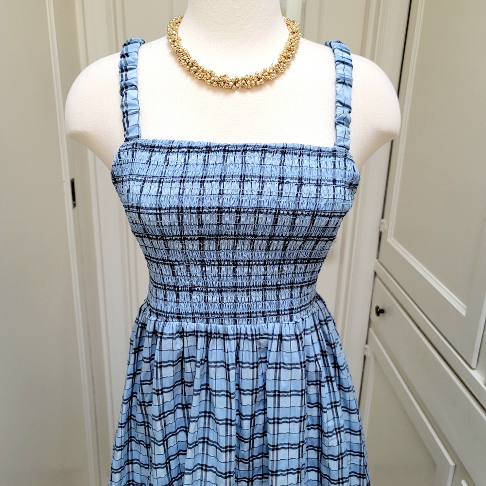 New! J Crew sz M Medium Smocked sleeveless dress textured blue plaid NWT - Picture 3 of 8
